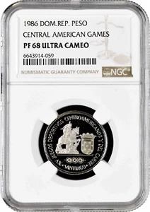 Dominican Republic 1 peso 1986, NGC PF68 UC, "XV Central American Games" - Picture 1 of 2