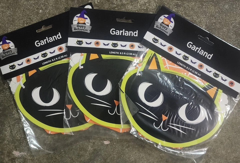 3 Pack! Paper Halloween Garland With Cats, Bats, Spiders- 8.5 ft - Image 1 of 1