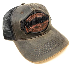 REMINGTON LOGO BROWN SUEDE BLACK MESH TRUCKER CURVED BILL ADJUSTABLE HAT CAP NWT - Picture 1 of 4