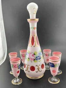 czech bohemian white cut to ruby overlay glass decanter set - Picture 1 of 4