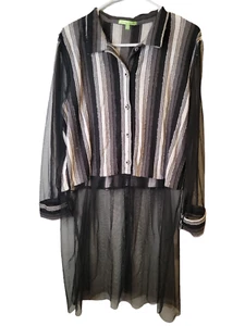 Trisha Tyler Size Large Womens Tunic Black Striped Tulle Hem Long Sleeve Blouse - Picture 1 of 5