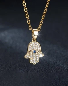 Gold Necklace With Evil Eye Charm - Cubic Zirconia And Sapphire Crystal - Picture 1 of 5