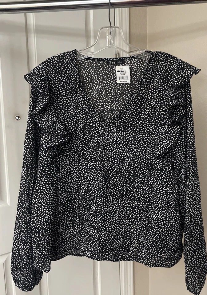 Very J Womens Black-ivory Printed Ruffled V Neck Blouse Top S BHFO 2074