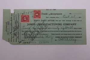 1921 TRADE ACCEPTANCE JAMES MANUFACTURING COMPANY FORT ATKINSON WISCONSIN - Picture 1 of 3