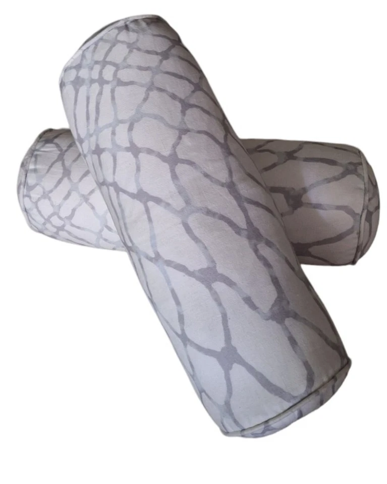 Kravet White and Gray Bolster Pillows 25" by 9 " Down Filled  (2) Chic Trendy - Image 1 of 4