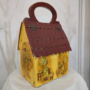 1970s Wooden Hancrafted Art Cottage Purse Folk Art Bag Yellow Vintage 12× 7 in - Picture 1 of 21