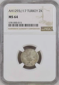 TURKEY - OTTOMAN , 2 KURUSH SULTAN ABDUL HAMID II 1293/17 ( EL ) NGC MS 64 ,RARE - Picture 1 of 2