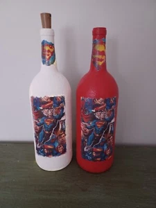 Decoupage Two Superman & Wonder Woman Wine Bottle - Picture 1 of 2
