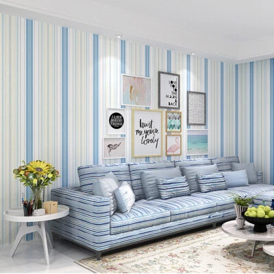 Papel tapiz mediterráneo simple rayas verticales no tejido para dormitorio/hotel 57 pies cuadrados Foto 1 de 4