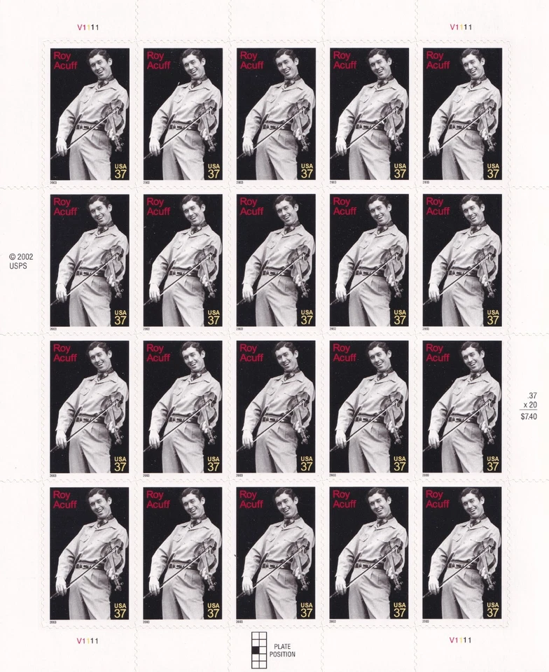 Скотт No3812 Рой Акуфф (Скрипка) полный лист из 20 марок - как новые без наклеек и следов - Изображение 1 из 1