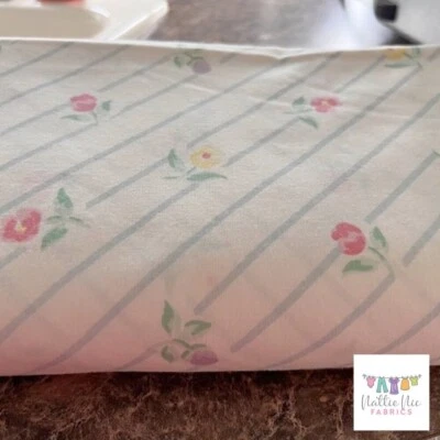 Vintage Queen Size Flat sheet in beautiful diagonal stripe rose floral, JC Penne - Image 1 of 4
