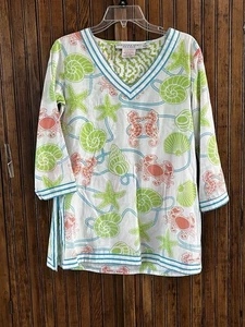 Top túnica Gretchen Scott talla S cuello en V mangas 3/4 conchas cangrejo caballito de mar blanco - Imagen 1 de 7