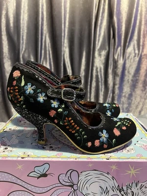 Irregular Choice Size 5 Black Suede Multicolour Embroidered Floral Glitter Heels - Image 1 of 4