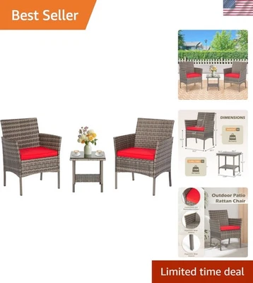 Modern 3-Piece Bistro Set: Red Cushion Chairs & Glass Coffee Table - Image 1 of 4