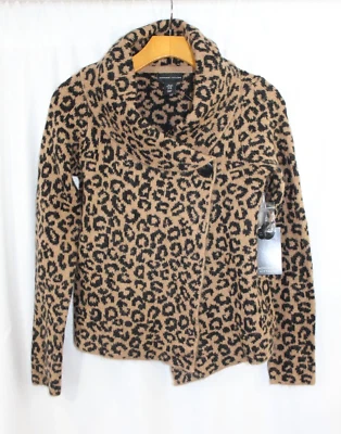 NUEVO CON ETIQUETAS Adrienne Vittadini Tostado Negro Estampado de Leopardo Chal Cuello Cárdigan Suéter XS Foto 1 de 4