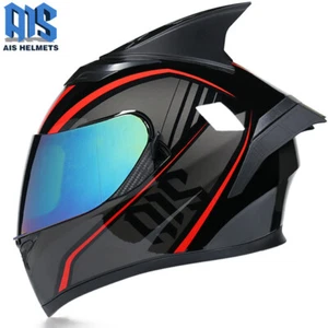 Motorcycle Helmet Full Face Racing Double Lens Motor Helmet With Horns Long Tail - Picture 1 of 14
