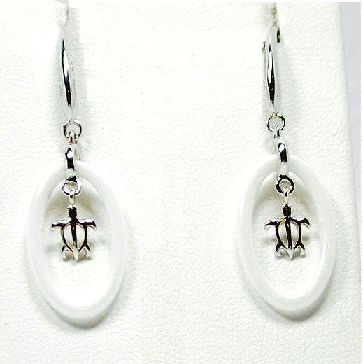 ANILLO OVALADO BLANCO CERÁMICA CHAPADO EN RODIO PLATA 925 TORTUGA HAWAIANA GANCHO PENDIENTES Foto 1 de 1