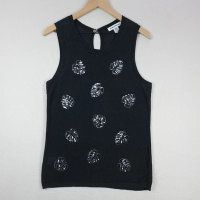 Suéter regata feminina Tommy Bahama média preta mistura de linho folhas de lantejoulas - Imagem 1 de 4