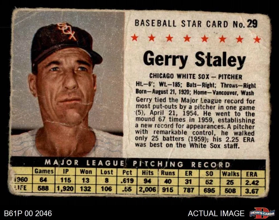 1961 Post Cereal #29 Gerry Staley  Hand Cut White Sox 1 - POOR - Image 1 of 1