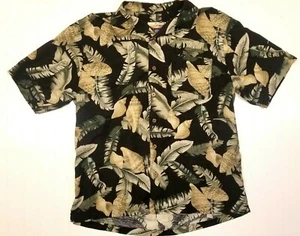 Havana Jacks Cafe Mens Large 100% Silk Hawaiian Shirt Black Shell Palm Leaf - Picture 1 of 3