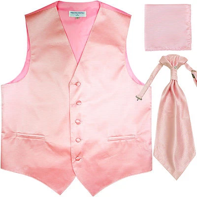 New Men's Horizontal Stripes Tuxedo Vest Waistcoat & Ascot & Hankie Set Pink - Image 1 of 3