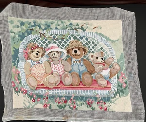 1980s Completed Needlepoint Teddy Bears on Wicker Garden Swing 18 x 14 - Picture 1 of 6