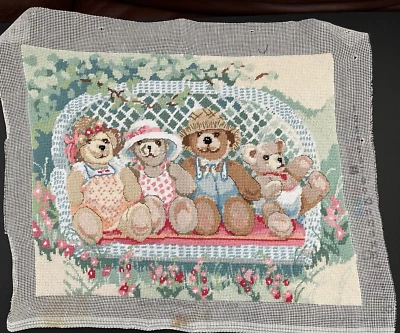 1980s Completed Needlepoint Teddy Bears on Wicker Garden Swing 18 x 14 - Image 1 of 4