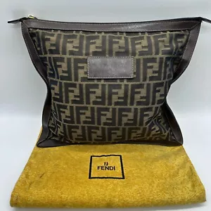 FENDI Zucca Clutch Bag Pouch FF Vintage Canvas Nylon Brown Purse Authentic!! - Picture 1 of 20
