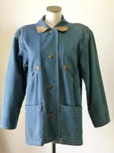 Giacca jeans EDDIE BAUER vintage anni 80 90 denim/pelle orlo foderato fienile field coat ~ M - Foto 1 di 10