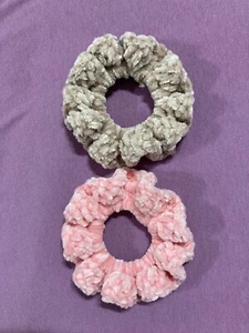 Handmade Velvet Crochet Hair Scrunchies For Ponytail Pair Bunny Brown & Pink New - Picture 1 of 2