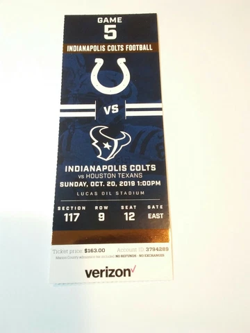 2019 Indianapolis Colts vs Houston Texans NFL Football Full Ticket Stub Cover