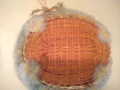 Vintage Southwest Feather And Faux Fur Wicker Basket Indian Tribe Oval 12" x 10" Cover