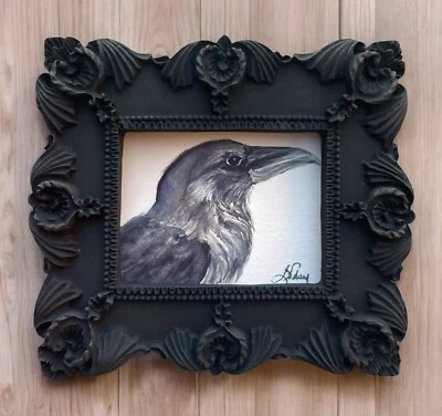 Raven bird watercolor art print in mini black vintage style ornate frame, decor - Image 1 of 4