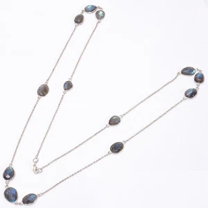 Sterling Silver Fancy Labradorite Stone Daughter Chain Engagement New Necklace - Picture 1 of 8
