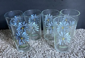 Vintage Drinking Glasses 4.25” Tumbler Blue Yellow Daisy Floral Sets of 3 - Picture 1 of 13