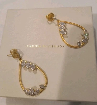 Brincos Freida Rothman Fleur Open Teardrop prata esterlina 14k Vermeil CZ NOVO COM ETIQUETAS - Imagem 1 de 4
