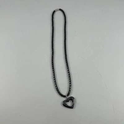 Hematite Tubular Beaded Necklace 18” Heart Pendant Barrel Clasp Vintage - Image 1 of 4