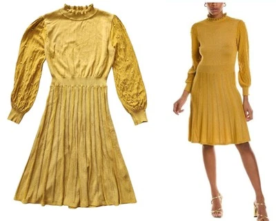 Suéter Nanette Lepore Gabriella Grande Dorado Metálico Amarillo Plisado Perla Foto 1 de 4