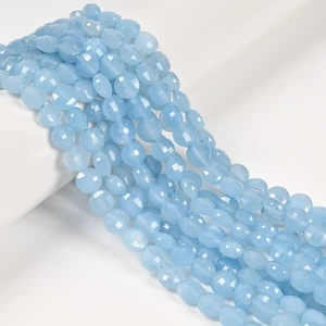 Natürliche Blau Aquamarin Facettiert Runde Münze Perlen Größe 8 mm 15,5 Zoll Strang - Bild 1 von 2