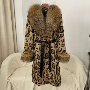 Chaqueta de piel de conejo real estampada de leopardo para mujer abrigos con cinturón cuello de piel de zorro trinchera - Imagen 1 de 23
