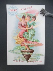 PILLSBURY WASHBURN FLOUR Victorian Trade Card, 3 Women on a Top, Always on Top - Picture 1 of 2