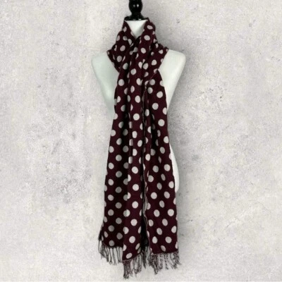 H&M Burgundy White Reversible Wool Blend Polka Dot Scarf Rectangular Bohemian Foto 1 de 4