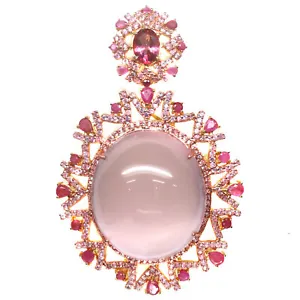 Natural 41 X 46 mm. Pink Rose-Quartz, Sapphire & Topaz Brooch 925 Silver - Picture 1 of 6
