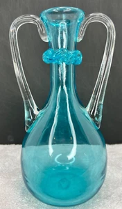 Mid-Century Handblown Glass Teal Blue Vase with Clear Handle and Applied Ribbon - Picture 1 of 9