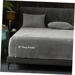 Velvet Fitted Sheet Size, 1 Pack Luxury Flannel Bed Sheets with 18” Queen Gray - Picture 1 of 8