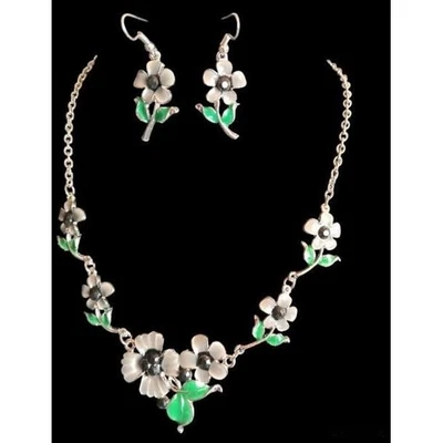 Parure femme florale -Bijou métal rhodié argent Strass noir - Laque gris / vert - Photo 1/4