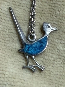 Bird Pendant Necklace Turquoise Inlay Silver Tone - Picture 1 of 4
