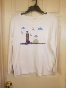 Camiseta Margaux & Lexi XXL Blanco Faro Lentejuelas Bordado LSlv Cuello Redondo Usada en Excelente Condición - Imagen 1 de 13