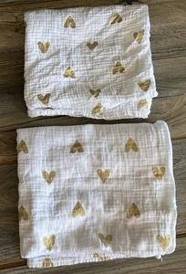 Cloud Island Muslin Swaddle Blanket Gold Hearts 39x45 Shiny Hearts Lot Of 2 - Picture 1 of 6