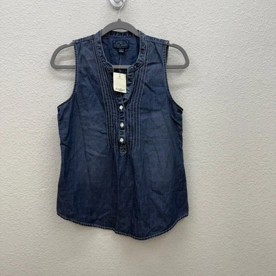 Lucky Brand Blue Denim Sleeveless Henley Button Shirt Top Womens size Small NEW - Image 1 of 4